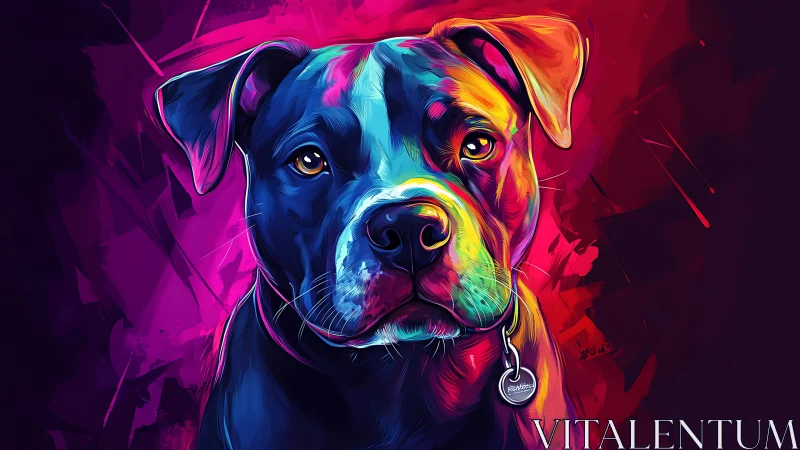 Neon-lit canine portrait renders expressive gaze in bold chroma