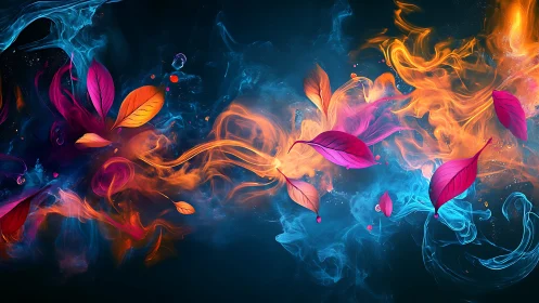 Digital composition shows colored leaves within swirling smoke