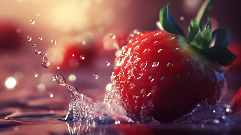 Strawberry impacts shallow water, sending sharp droplets outward