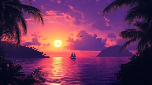 Sailboat drifts across neon tropical sunset between islands