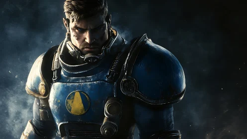 Steel-clad space marine glares through battle-scarred gloom