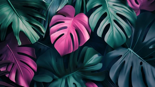 Pink and teal monstera leaves in bold tropical pattern.