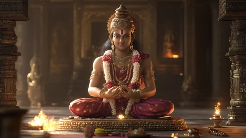 Serene temple goddess rests in garlanded, firelit stillness