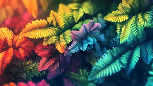 Chromatic fractal fern array with volumetric depth rendering.