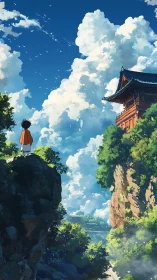 Young traveler gazes toward a cliffside temple in bright sky.