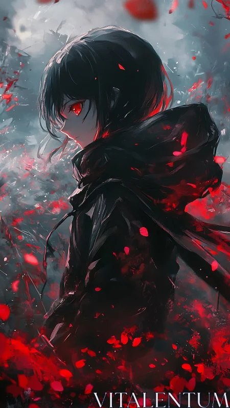 Side profile of hooded figure amid red particle field.