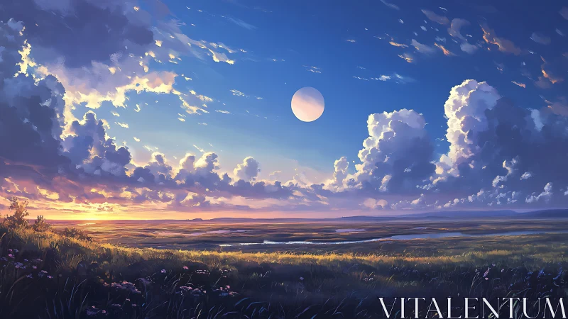 Wide plains under layered clouds and elevated moon disc.