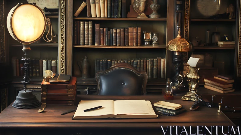 Scholar&rsquo;s midnight desk glows amid leatherbound whispers.