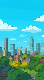 Cartoon skyline above lush urban park in bright daylight.