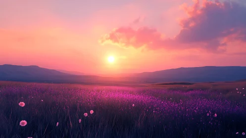Sunlit lavender meadow under vivid magenta dusk sky.