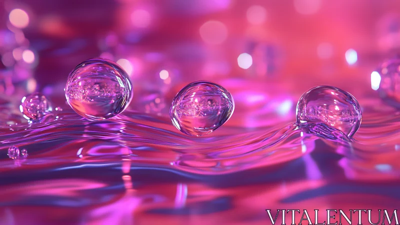 Iridescent liquid spheres drift across neon rippled surface.