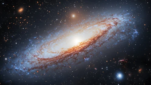 Spiral galaxy core glows through dense starfield dust lanes.