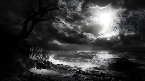 Moonlit breakers argue with shadows along a haunted shore