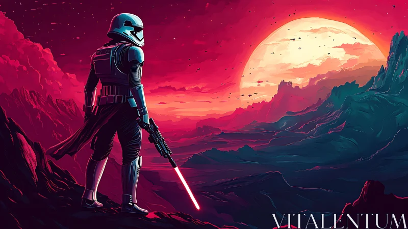 Stark armored warrior surveying neon alien badlands at dusk.