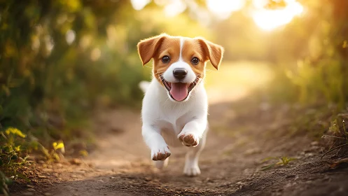 Sunlit puppy rocket races down a glowing garden path.