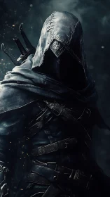 Hooded shadow assassin in stitched cowl and dark leathers.