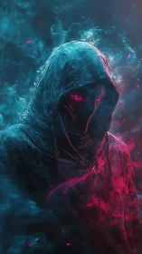 Hooded spectral figure shimmers in blue and crimson haze.