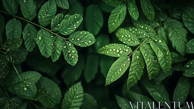 Green leaves covered in fresh raindrops in dense foliage.