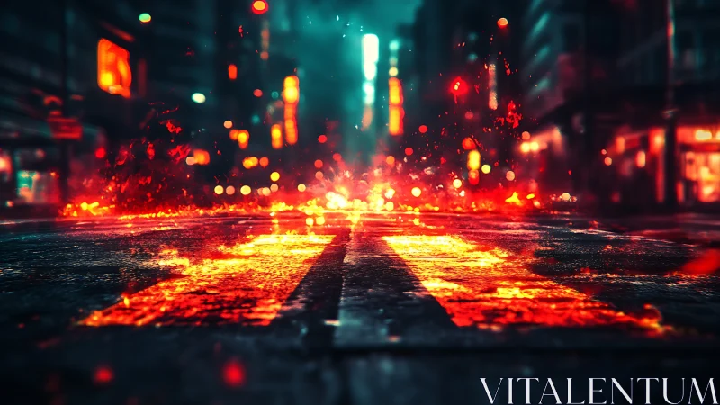 Molten crosswalk ignites a neon-soaked cyberpunk nightscape