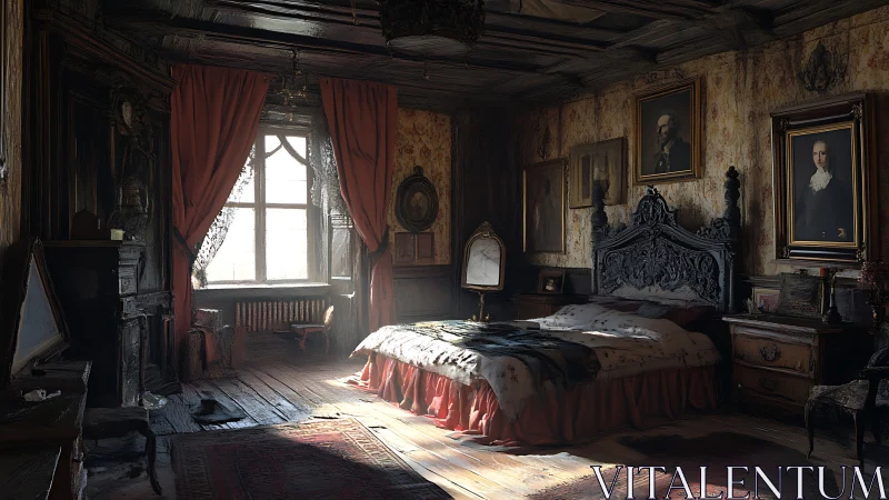 Decayed baroque bedroom with stratified chiaroscuro lighting.