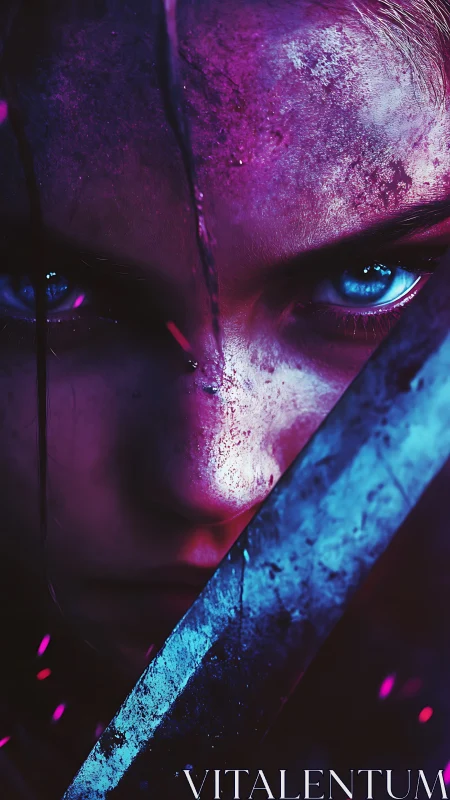 Fierce neon warrior gazes past a glowing battle-worn blade