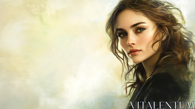 Soft-lit portrait of a young woman against hazy pastels.