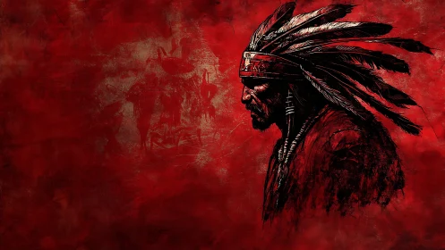Solitary indigenous warrior stands against blood-red storm.
