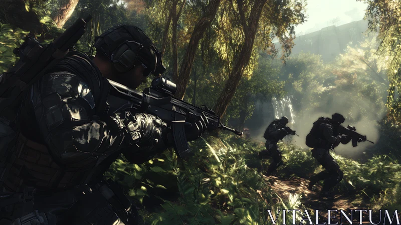 Tactical infantry squad advances through dense sunlit jungle