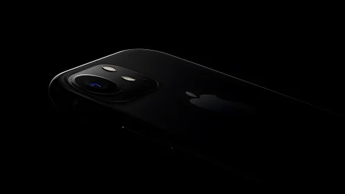 Black smartphone camera detail against dark background.