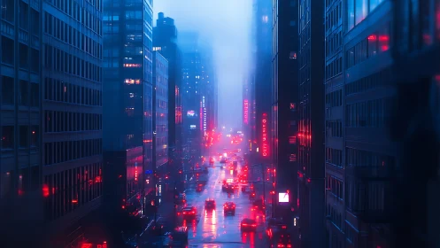 Neon rain braids a misty blue avenue into liquid circuitry