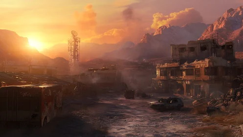 Sunset illuminates deserted settlement beneath rugged mountains