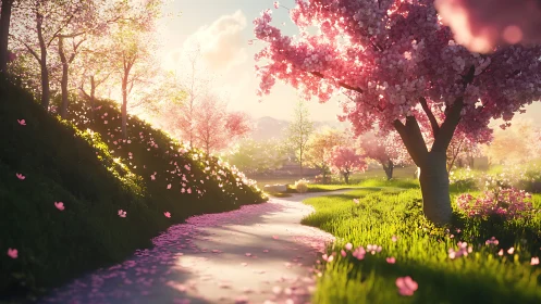 Sunlit cherry blossom path curves through a dreamy spring grove.