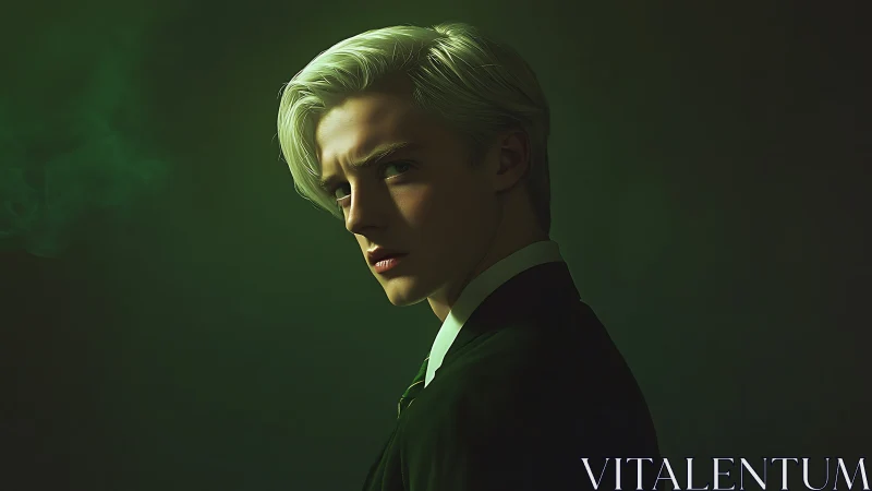 Brooding silver-haired youth turns in moody green light