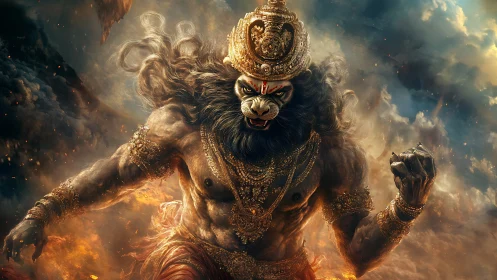 Lion-headed storm god strides through molten skyfire.