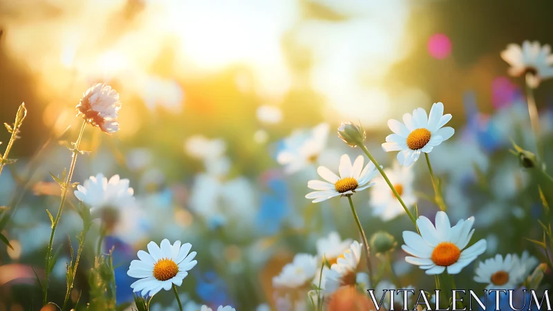 Daisy wildflowers in soft backlit meadow at sunrise.