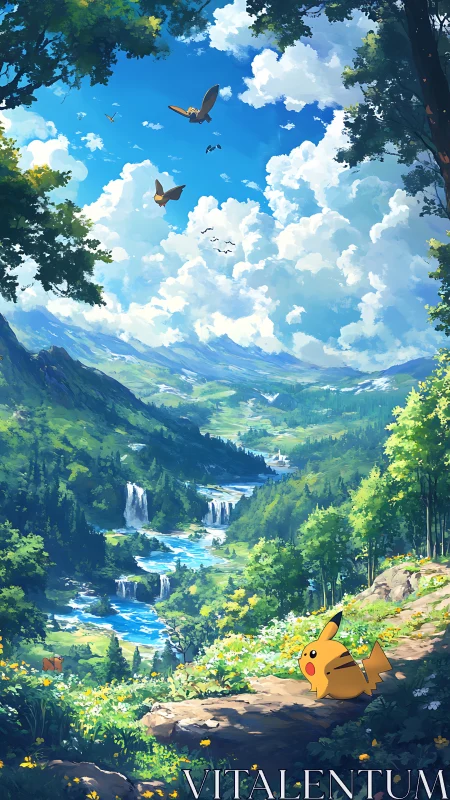 Pikachu enjoying a bright spring day in a peaceful valley.