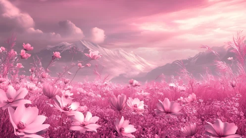 Pink flower meadow spreads before distant snow mountains
