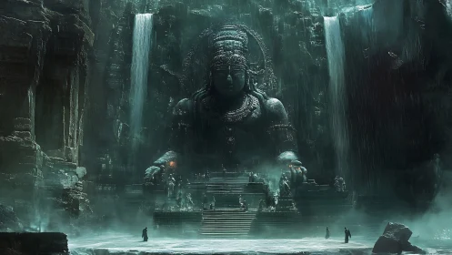 Colossal stone deity carved in cavern shrine with flanking waterfalls