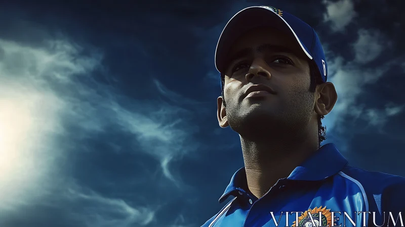 Sunlit cricketer gazing toward a bold, stormy sky.