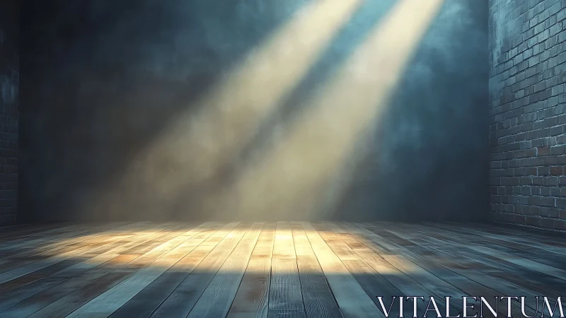 Sunlit wooden floor in empty brick room with hazy atmosphere.