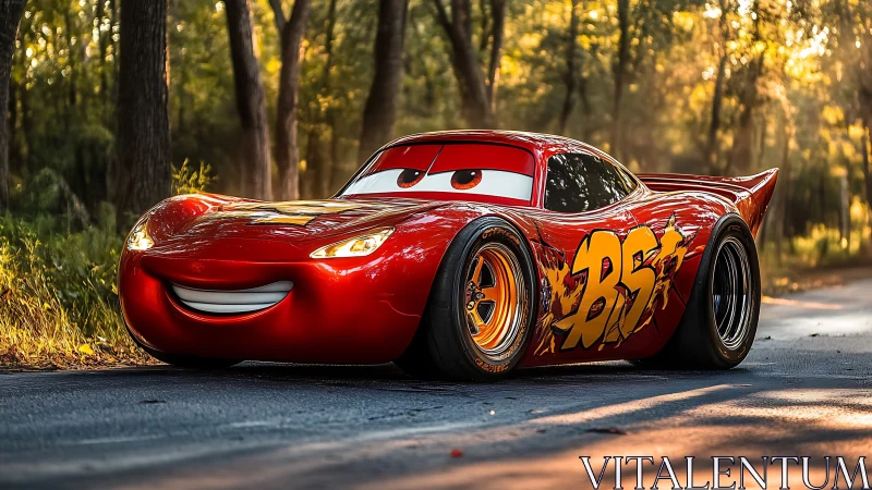 Photorealistic cartoon race car in sunlit forest roadway scene.