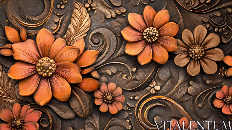 Ornate 3D Floral Sculpture with Gold Metallic Blooms and Botanical Accents