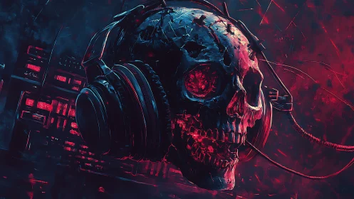 Human skull with headphones in red and blue digital scene.