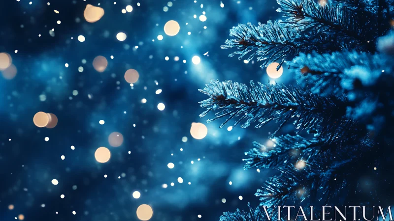 Snowy fir branches glow softly in a dreamy winter night