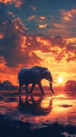 Elephant walking through shallow water at vivid sunset.