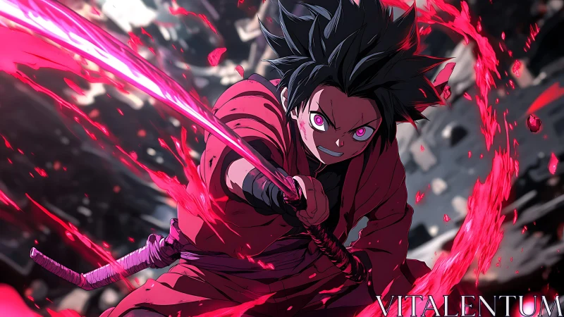 Anime swordsman with glowing eyes and red energy attack.