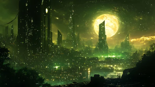 Emerald megacity skyline under colossal luminous moon glow.