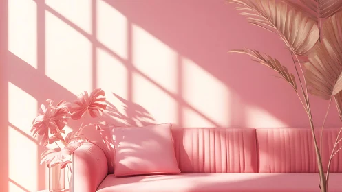 Monochrome pink sofa and plants glow in soft afternoon light.