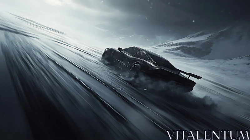 Sports car drifts across icy mountain road under storm clouds
