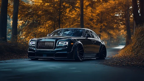 Midnight luxury cruiser stalking an amber autumn road.